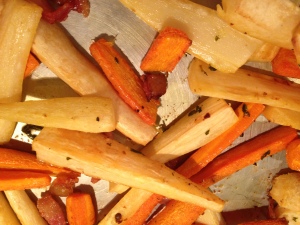 Roasted carrots and parsnips ready for the table